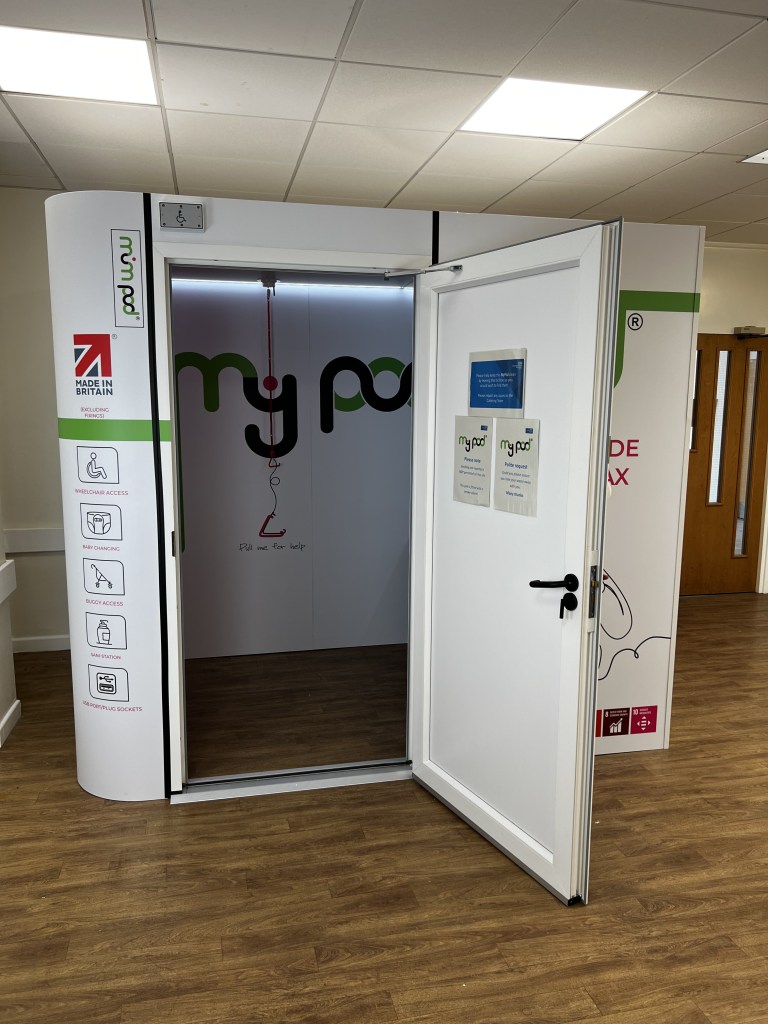 MumPod® Macro. Lactation Pod. Breastfeeding Pod. Nursing Room. Wellbeing Room. Working mother. Door open.